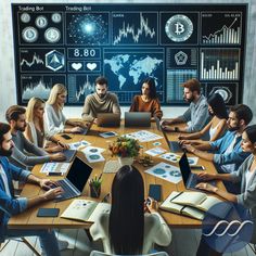 a group of people sitting at a table with laptops and papers in front of them