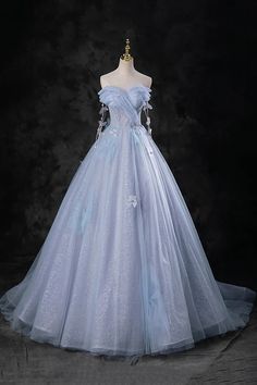 Cinderella Inspired Dress Prom, Ethereal Prom Dress Elegant, Blue Princess Dress Aesthetic, Blue Fairytale Dress, Blue Gowns Elegant, Blue Ball Gown Prom Dresses, Ethereal Prom Dress, Light Blue Prom Dresses, Poofy Prom Dresses