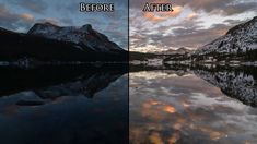 before and after images of snow covered mountains reflecting the sky in still water with clouds