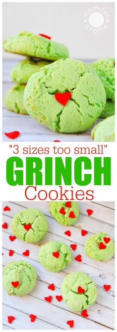 green cookies with red hearts on them and the words, 3 sizes to small grin cookies