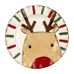 a paper plate with a reindeer's head on it, decorated with candy canes