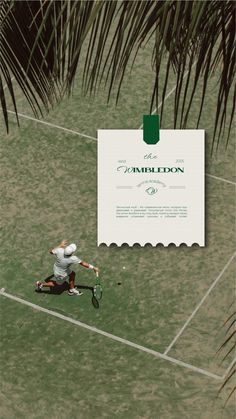 a man swinging a tennis racquet on top of a grass covered field next to a palm tree