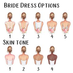 the back of a bride's dress options for her skin tone and hair color