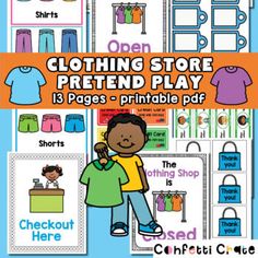 an image of clothing store pretend play printables and activities for children to learn