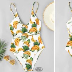 Random Banana & Leaf Print 1pc Swimsuit Size L. Never Worn Still Has Hygiene Strip. New Condition. Yellow Tropical Print Swimwear For Sunbathing, Summer Yellow Bodysuit For Pool, Yellow Bodysuit For Pool In Summer, Yellow Bodysuit For Summer Pool, Yellow Summer One Piece For Beach, Yellow Beachwear One Piece For Beach Party, Yellow Sleeveless One Piece For Beach Party, Sleeveless Yellow One Piece For Beach Party, Yellow Tropical Print Swimwear For Summer