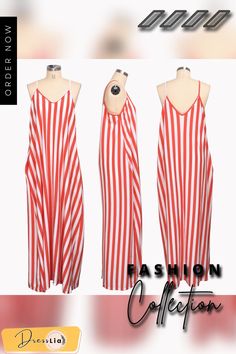 Casual Loose Striped Print Sleeveless V-neck Dress Chic V-neck Spaghetti Strap Beach Dress, Chic Spaghetti Strap V-neck Beach Dress, V-neck Sundress For Day Out, White V-neck Maxi Dress For Summer, White V-neck Sleeveless Dress For Beach Season, Chic Summer Maxi V-neck Dress, White V-neck Sleeveless Dress For Summer, Red V-neck Dress For Spring Vacation, Striped V-neck Sundress