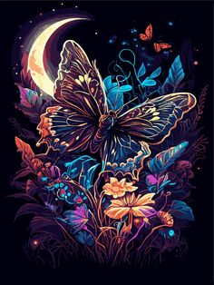 a painting of a butterfly and flowers with the moon in the sky behind it on a black background