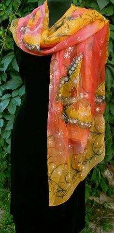 Natural silk shawl butterfly red-yellow hand by Studijakalla Artistic Hand Painted Red Silk Scarf, Hand Painted Artful Silk Scarf, Bohemian Hand Painted Silk Scarf, Hand Painted Bohemian Silk Scarf, Artistic Hand Dyed Silk Scarf For Summer, Bohemian Hand Painted Silk Scarves, Artistic Hand-dyed Silk Scarf For Summer, Spring Bohemian Hand Painted Silk Scarf, Artistic Hand Dyed Scarves