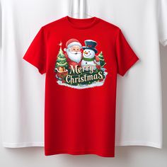 a red t - shirt that says merry christmas with santa and snowman on it