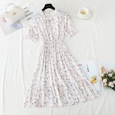 Fabric: Chiffon Size: S M L XL Color: pink, apricot, black, blue, orange Chiffon Casual Dress, Neck Bow, Ruffle Sleeve Dress, Modest Dresses, Gorgeous Dresses, Blue Orange, Apricot, Cute Dresses, Floral Dress