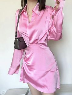 Tavimart Women's Lapel Collar Satin Shirt Dress Long Sleeve Mini Slim Dress Office Women's Silk Satin V Neck Elegant Casual Pink Party Fitted V-neck Shirt Dress For Party, Chic Long Sleeve Shirt Dress For Party, Fitted Long Sleeve Shirt Dress For Date Night, Elegant Pink V-neck Shirt Dress, Feminine Fitted Collared Mini Dress, Feminine Fitted Mini Dress With Collar, Elegant Long Sleeve Shirt Dress For Party, Fitted Long Sleeve Shirt Dress For Cocktail, Chic Fitted Shirt Dress For Party