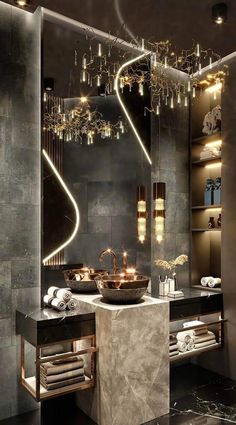 a bathroom with a sink, mirror and lights