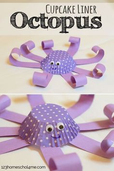 an octopus made out of toilet paper is shown with the words cupcake liner octopus