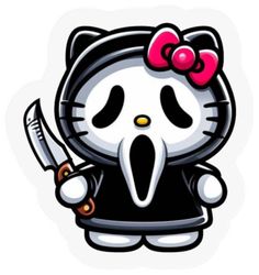 a hello kitty holding a knife and wearing a black shirt with a red bow on it's head