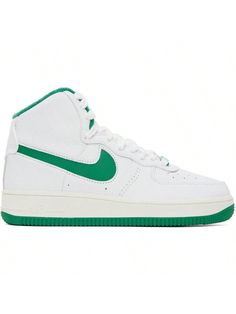 Nike 
White & Green Air Force 1 Sculpt Sneakers 
High-top paneled grained leather sneakers in white. 
. Perforated detailing at toe and sides 
. Logo hardware at lace-up closure 
. Leather pull-tab at padded tongue 
. Padded collar 
. Swoosh appliqué in green at sides 
. Terrycloth lining in green 
. Logo embossed textured rubber midsole 
. Treaded rubber outsole 
Please note that this item may be shipped only within North America. 
Supplier color: White/Stadium green 
Upper: leather. Sole: rubb Green Air Force 1, Green Air Force, Casual Athletic Shoes, Casual Sneakers Women, Green Logo, Casual Athletic, Womens Athletic Shoes, Nike White, Leather Pulls