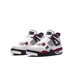 Introducing the Paris Saint-Germain x Air Jordan 4 Retro GS ‘Bordeaux’! This shoe is part of a continuing partnership between the French professional football club and Jordan Brand. Tinker Hatfield’s retro mid-top features a white leather build with contrasting black and maroon accents littered throughout the upper and midsole. Unique branding elements include a woven ‘Paname’ tab (a nod to one of Paris’ many nicknames), a circular PSG Jumpman logo on the heel and ‘Ici C’est Paris’ printed on th 4 September, Retro Basketball Shoes, Jordan Model, Jordan 4s, Jordan 4 Retro, Air Jordan 4, Air Jordan 4 Retro, Swag Shoes, Retro Sneakers