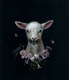 a painting of a sheep with flowers and butterflies on it's head, in front of a black background