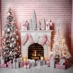 a fireplace decorated with pink and silver christmas trees, presents and gifts in front of a brick wall