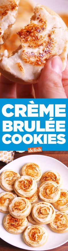 the cover of creme bruleee cookies is shown in front of a white plate