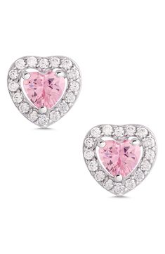 Blushing hearts are surrounded by a halo of sparkles on these stunning cubic zirconia stud earrings made specially for kiddos. Adult supervision strongly recommended; jewelry presents choking hazard and should be removed when infant or small child is unattended Cubic zirconia/sterling silver Imported Heart Halo, Halo Stud Earrings, Pink Bows, Halo Earrings Studs, Girls Jewelry, Pretty Pink, Pink Bow, Pretty In Pink, Halo