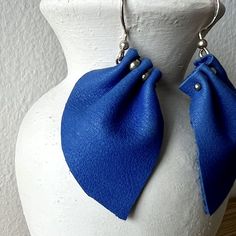 Bloom Collection | Handmade Leather Earrings | Statement Piece | One-Of-A-Kind Colbolt Blue Earrings, Bold Blue Drop Earrings, Bold Handmade Blue Earrings, Handmade Blue Leather Earrings, Navy Blue Leather Earrings, Leather Leaf Earrings, Petal Earrings, Leather Leaf, Ear Hook