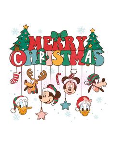 mickey mouse and friends hanging from strings with merry christmas lettering