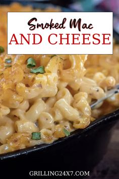 a close up of a plate of macaroni and cheese with the words smoked mac and cheese