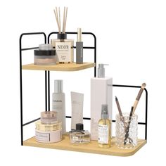 three tiered shelf with various skin care products and cosmetics on it's sides