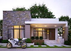 a motorcycle parked in front of a house