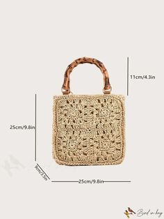 BirdinBag - Beach-Ready Double Handle Medium Straw Bag Summer Square Satchel For Shopping, Travel Shoulder Bag With Single Top Handle, Beige Top Handle Box Bag For Summer, Square Travel Bags For Spring, Square Summer Shopping Bag, Square Summer Shopping Bags, Beige Square Bag For Vacation, Square Beige Vacation Bag, Summer Square Straw Bag With Detachable Handle