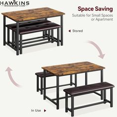 three tables with benches and stools are shown in two different positions, including space saving