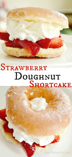 strawberry doughnut shortcakes with whipped cream and strawberries on the top one