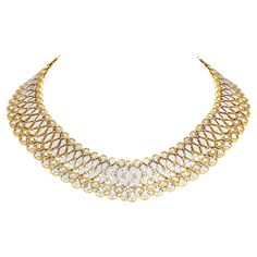 Featuring an exquisite choker statement necklace, featuring natural round diamonds set in a sophisticated geometric kite link design. Crafted in 18K white and yellow gold, this necklace combines a flexible mesh link structure that sits gracefully around the neck, ensuring comfort and style. It is bordered with a beautifully textured yellow-gold frame, measuring 15.25 inches in length and 25mm in width. The 9.36-carat diamonds, prong-set in white gold, sparkle with VS1-VS2 clarity and H-I color, making this necklace a luxurious ensemble. Perfect for refined occasions and sophisticated events Marked: 18K Gold Weight: 134.1Grams  Accompanied by gemologist official appraisal document Luxury Gold Diamond Choker Necklace, Luxury Gold-tone Choker Necklace, Diamond Choker Set, Luxury Gold Plated Statement Choker, Luxury Gold Metal Choker, Luxury Yellow Gold Multi-strand Necklace, Statement Choker Necklace, Round Diamond Setting, Link Design