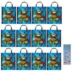 8 bags with the image of teenage mutant turtles on them, all in different colors