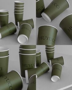 multiple shots of green cups with the word hygg written on one side and bottom