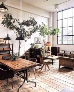 a living room filled with lots of furniture and a tree in the middle of it