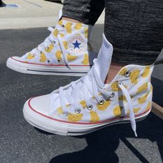 GO BANANAS with our Banana Bunches High Top Converse! These white high tops have a repeating pattern on the outside and inside panels of both shoes. We buy each pair of shoes BRAND NEW. Each pair is made to order, please make sure you put in the correct shoe size before you check out. The paint is permanent and will never come off, fade away, or peel off. Made in the USA. This price includes everything: shoes, artwork, and shipping. Thanks for stopping by our Etsy shop! Please message me with an Cheap Custom Converse, White High-top Casual Custom Sneakers, Casual White High-top Custom Sneakers, White High-top Canvas Shoes With Speckled Midsole, Fun Converse High Tops, Custom White Converse High Tops, Custom Casual Converse Sneakers, Custom Casual High-top Converse Sneakers, Converse Shoes Men