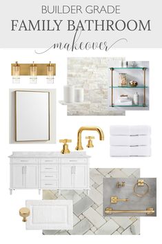 a bathroom with white and gold fixtures, marble counter tops, brass faucets and shelves