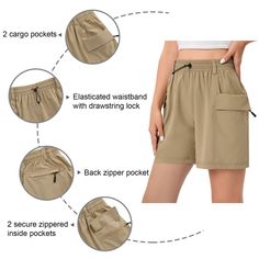 Made of lightweight, quick dry, breathable and water-resistant fabric, womens hiking shorts keep you comfortable all day long. A stretch waistband with drawstring lock offer a custom snug fit during hiking. Fabric features breathability and stretch for comfortable movement and ventilation. Lightweight jogger pants are a little roomy, but not too baggy. 5 functional zippered work pockets are deep enough to store your cell phone, keys, wallet and other essentials without falling out while hiking. Functional Shorts With Drawstring For Outdoor Activities, Functional Drawstring Shorts For Outdoor Activities, Functional Relaxed Fit Shorts For Hiking, Stretch Khaki Shorts For Outdoor, Khaki Nylon Shorts For Outdoor Activities, Athletic Shorts With Functional Drawstring For Outdoor Activities, Stretch Outdoor Shorts With Functional Drawstring, Relaxed Fit Functional Shorts For Outdoor, Cargo Shorts With Pockets For Camping