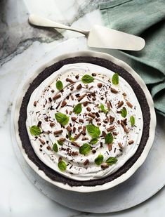 a white plate topped with a chocolate pie covered in whipped cream and mint leaves next to a spoon