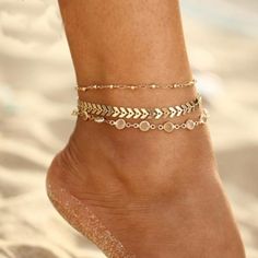 Get ready for summer weather with this cute anklet set! You get three different anklets already matched so you can wear them all or mix and match just a couple. The top anklet features gold beads on a delicate chain. The second anklet is a super trendy chevron chain. The third anklet features clear crystal beads for extra sparkle! DETAILS & SIZE Finish: Gold or silver plate Material: Alloy; Glass beads Measurements: Chain: 7.5" + 2" extension Shop Anklets for more options! Leg Jewelry, Anklets Diy, Cute Anklets, Leg Chain, Foot Bracelet, Crystal Anklet, Heart Anklet, Ankle Jewelry, Anklets Boho