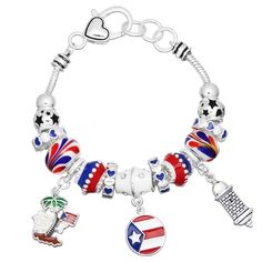 Puerto Rico Bracelet Charm Sliding Bead Lighthouse Flag Palm Tree Silver Heart Casual Beach Jewelry With Heart Beads, Casual Adjustable Charm Bracelet With Heart Beads, Casual Beaded Bracelets With Heart Charm, Casual Silver Jewelry With Heart Beads, Casual Silver Bracelet With Heart Beads, Adjustable Casual Heart Charm Bracelet, Casual Silver Beaded Bracelets For Vacation, Casual Heart Bracelet With Colorful Beads, Bracelet Charm