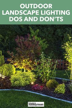 an outdoor landscape lighting do's and don'ts with text overlaying the image