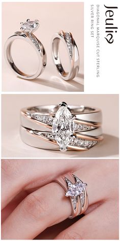 three different views of wedding rings and engagement bands