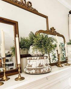 a mantle with candles, mirror and potted plants on it in front of a fireplace