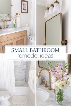 small bathroom remodel ideas with white and pink flowers in vases on the sink