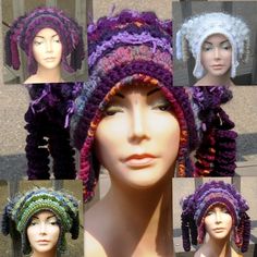 many different types of crocheted hats on mannequin headdresses