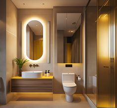 a bathroom with a toilet, sink and mirror in it's center wall area