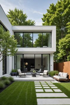 a modern house with white walls and grass