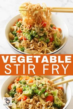 two bowls filled with vegetable stir fry and chopsticks